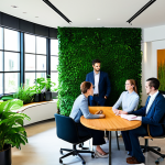 A diverse group of business professionals, fully clothed in modest, appropriate business attire, engaging collaboratively in a modern, open-plan office. The space features abundant natural light from large windows, a prominent living green wall providing a lush backdrop, and natural wood and stone accents. Subtle indoor plants and a small, elegant water feature contribute to a calm, productive atmosphere. The subjects exhibit perfect anatomy, correct proportions, and natural poses with well-formed hands and proper finger count. High-quality professional photography, vibrant, detailed, and realistic. safe for work, appropriate content, professional, family-friendly.