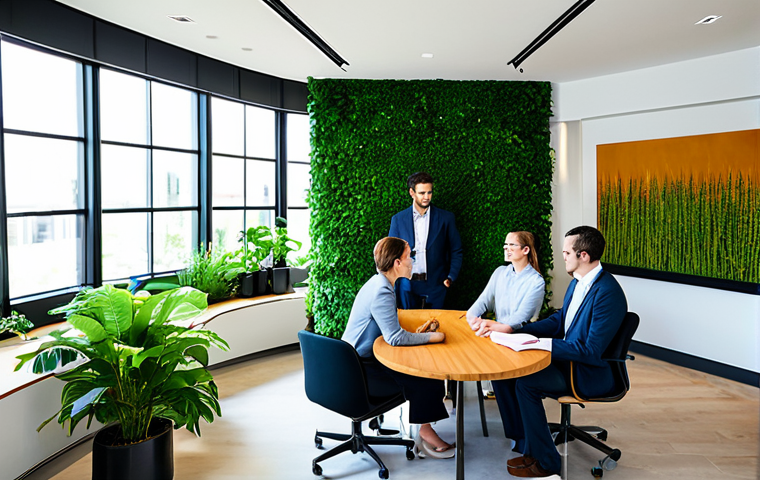 A diverse group of business professionals, fully clothed in modest, appropriate business attire, engaging collaboratively in a modern, open-plan office. The space features abundant natural light from large windows, a prominent living green wall providing a lush backdrop, and natural wood and stone accents. Subtle indoor plants and a small, elegant water feature contribute to a calm, productive atmosphere. The subjects exhibit perfect anatomy, correct proportions, and natural poses with well-formed hands and proper finger count. High-quality professional photography, vibrant, detailed, and realistic. safe for work, appropriate content, professional, family-friendly.
