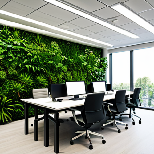Bioophilic Office Space**

A modern office interior with abundant natural light, featuring indoor plants and a green wall, natural wood furniture, fully clothed professionals working at desks, appropriate attire, safe for work, perfect anatomy, natural proportions, professional photography, high quality, family-friendly, modest setting.

**
