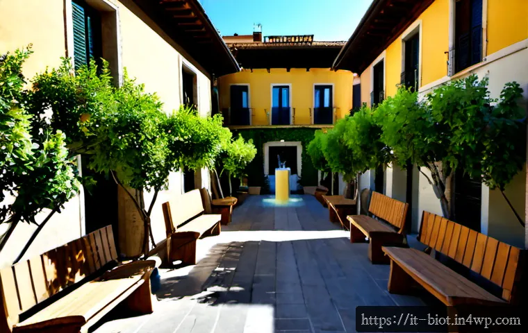 바이오필릭 디자인과 지역사회 발전의 연계 - Photorealistic wide-angle view of a revitalized Italian neighborhood piazza with biophilic urban des...