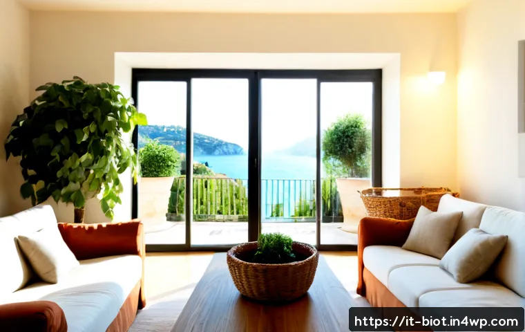 Home 13 바이오필릭 디자인을 통해 삶의 질 향상하는 방법 - Photorealistic bright Italian apartment living room designed with biophilic principles, large sunlit...