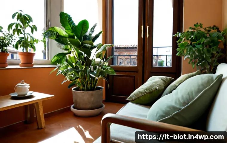바이오필릭 디자인과 심리적 안정의 상관관계 - Photorealistic Italian apartment living room in Milan, a relaxed middle-aged woman seated comfortabl...